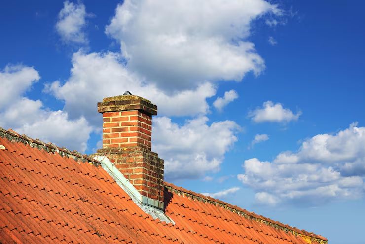 Brick chimney above a tiled roof under a clear South Pasadena sky