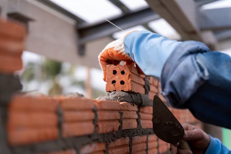 Fresh mortar joints being tooled on historic brickwork