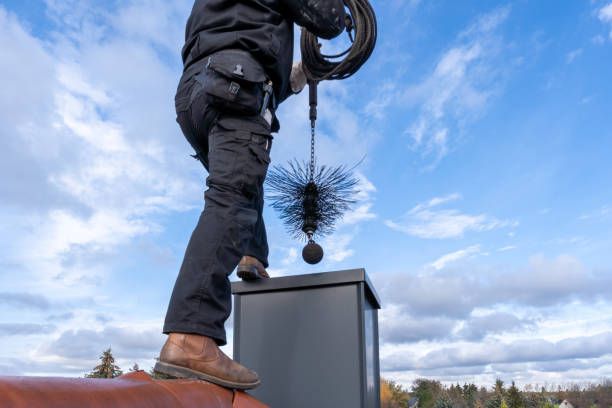 Chimney sweep preparing brushes above a flue in South Pasadena