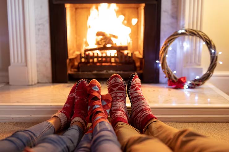 Family warming their feet in front of a glowing fireplace